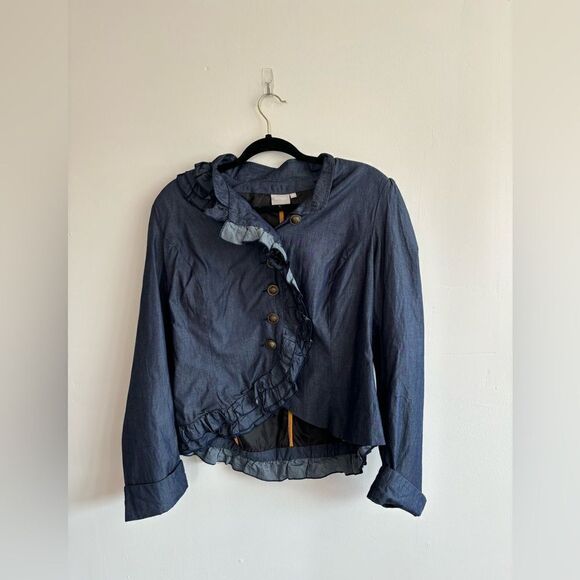 Eshakti L Blue Chambray Ruffle Jacket - Picture 1 of 5